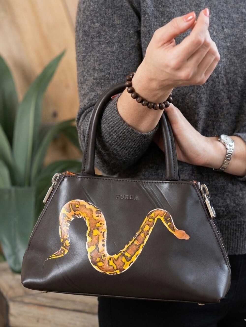 RARE Furla Hand-Painted Snake  Embossed Leather Satchel